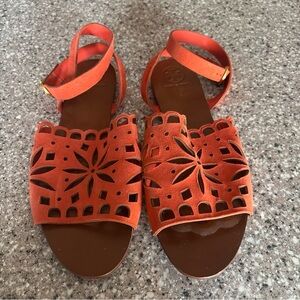 Tory Burch Orange Suede Perforated May Ankle Wrap Flat Sandals Size7.5M.
